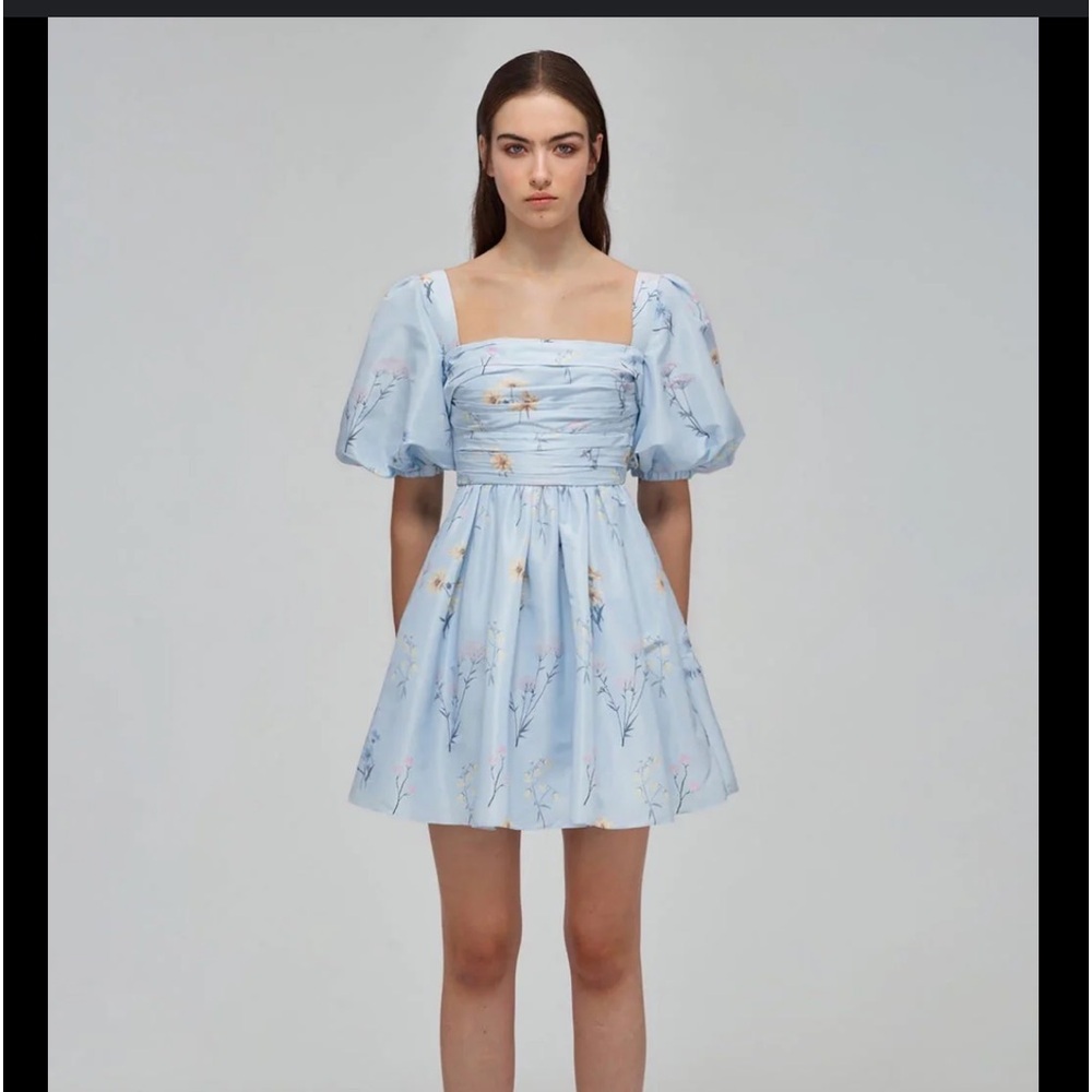 NWT Self Portrait Blue Floral Watercolour Taffeta Mini Dress Light Blue